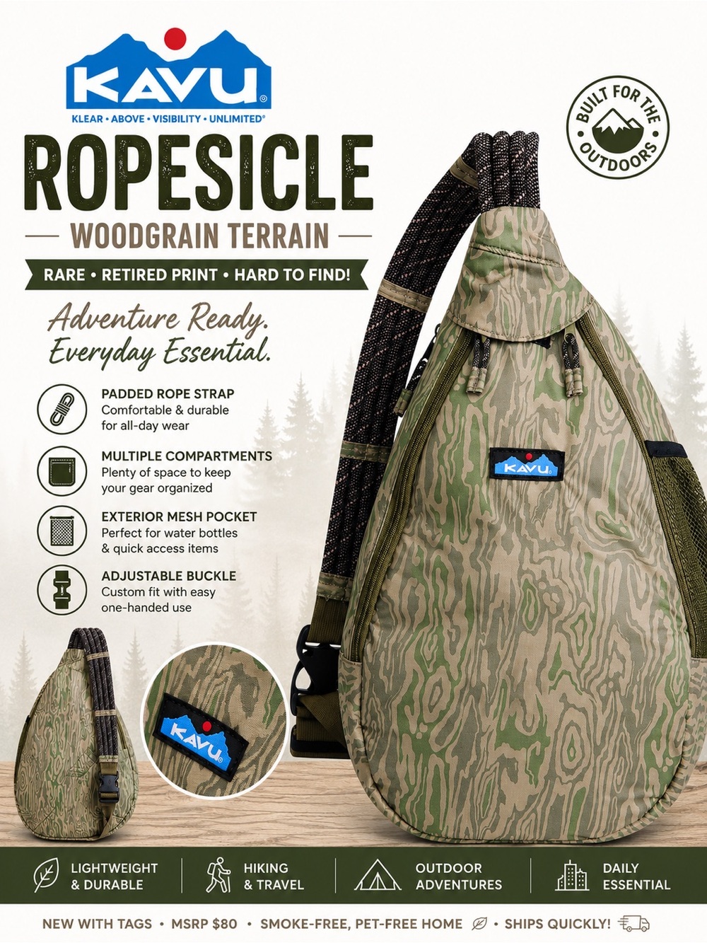 HTF RARE KAVU Ropesicle Woodgrain Terrain Sling Backpack NWT Retired Print